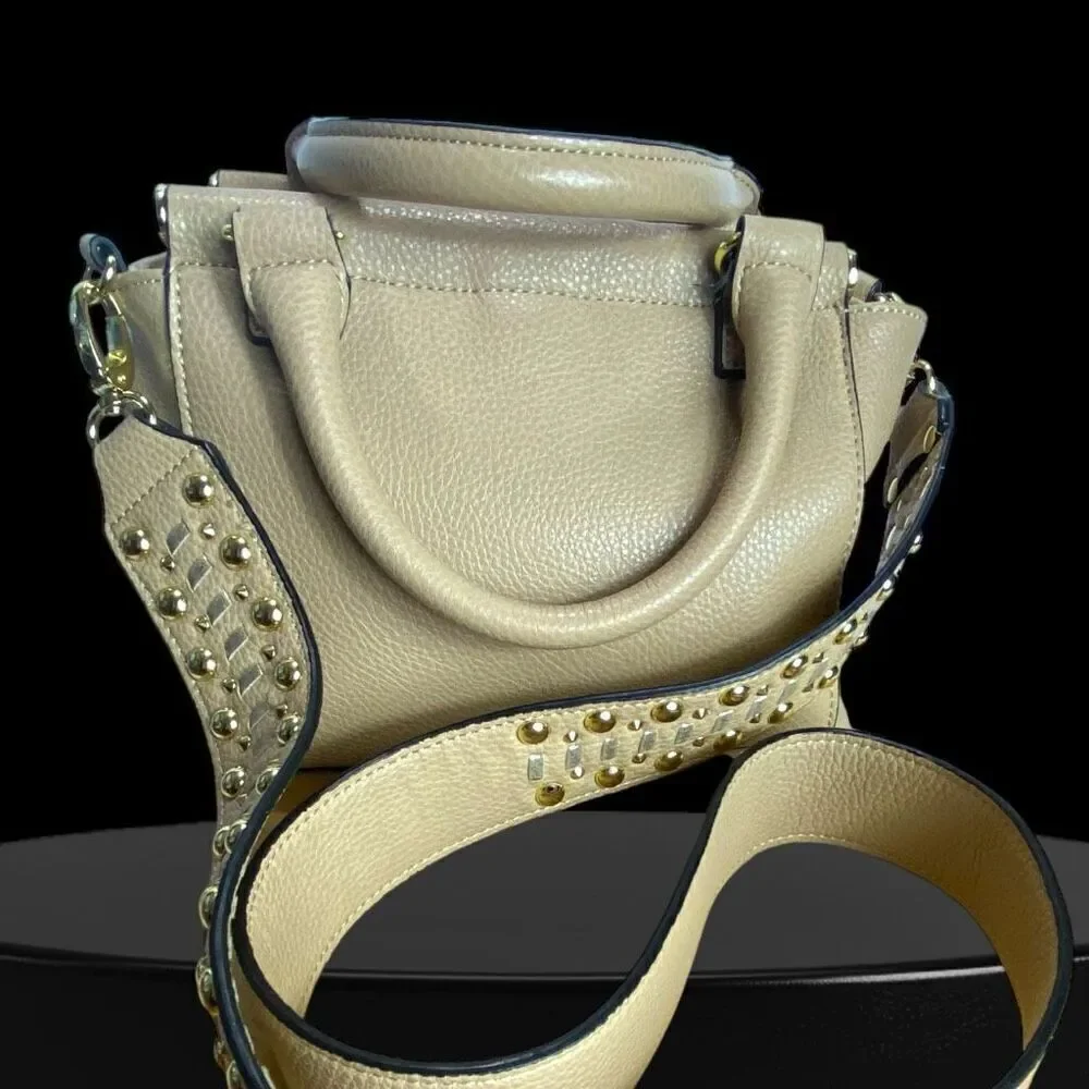 Steve Madden Blennon Cream Peebled Leather Studded Whipstitch Satchel Handbag